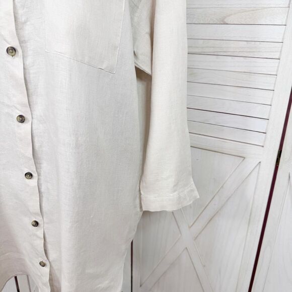 H&M Home Linen Button Up Shirt Dress Beige Tan Medium Long Sleeve Beach - Picture 6 of 12